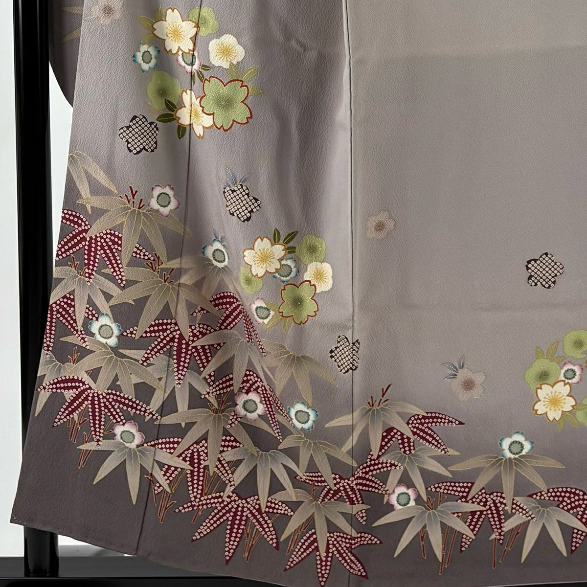 振袖禮服 身長155cm 袖長64.5cm M 雙層 櫻花 竹子 金銀彩 漸層 灰紫 純蠶絲 名品級 一個紋