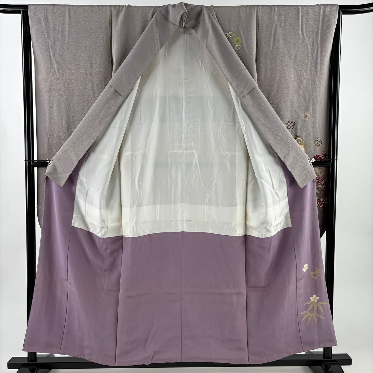 振袖禮服 身長155cm 袖長64.5cm M 雙層 櫻花 竹子 金銀彩 漸層 灰紫 純蠶絲 名品級 一個紋
