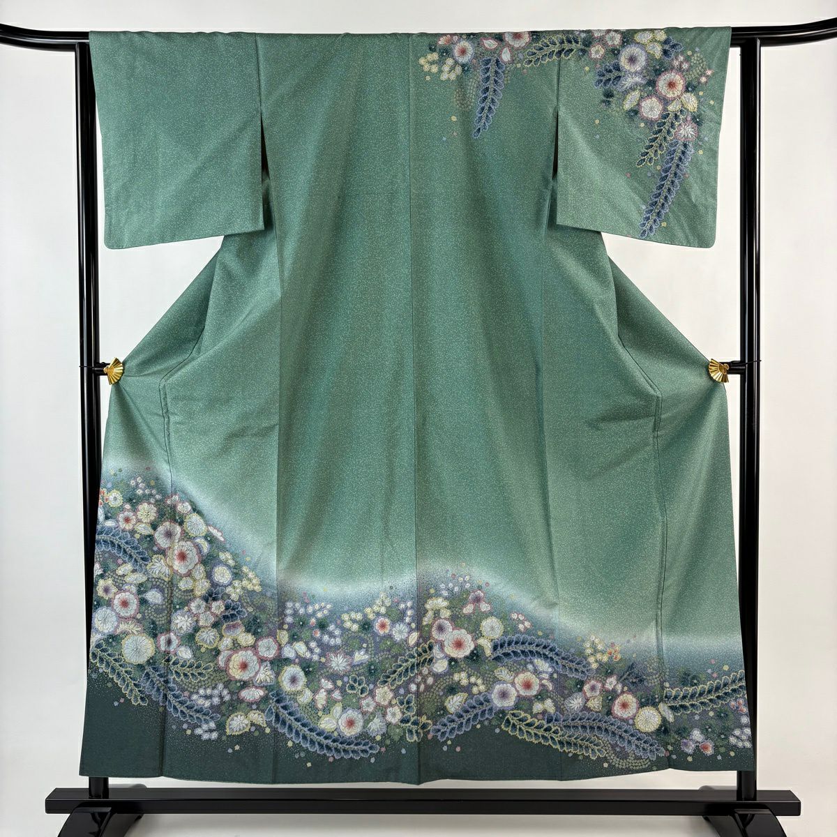 訪問服 身長155cm 袖長63cm S 雙層 紬織織 辻花染 漸層 綠 純蠶絲 名品級