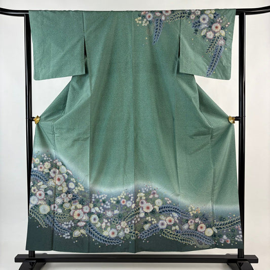 訪問服 身長155cm 袖長63cm S 雙層 紬織織 辻花染 漸層 綠 純蠶絲 名品級