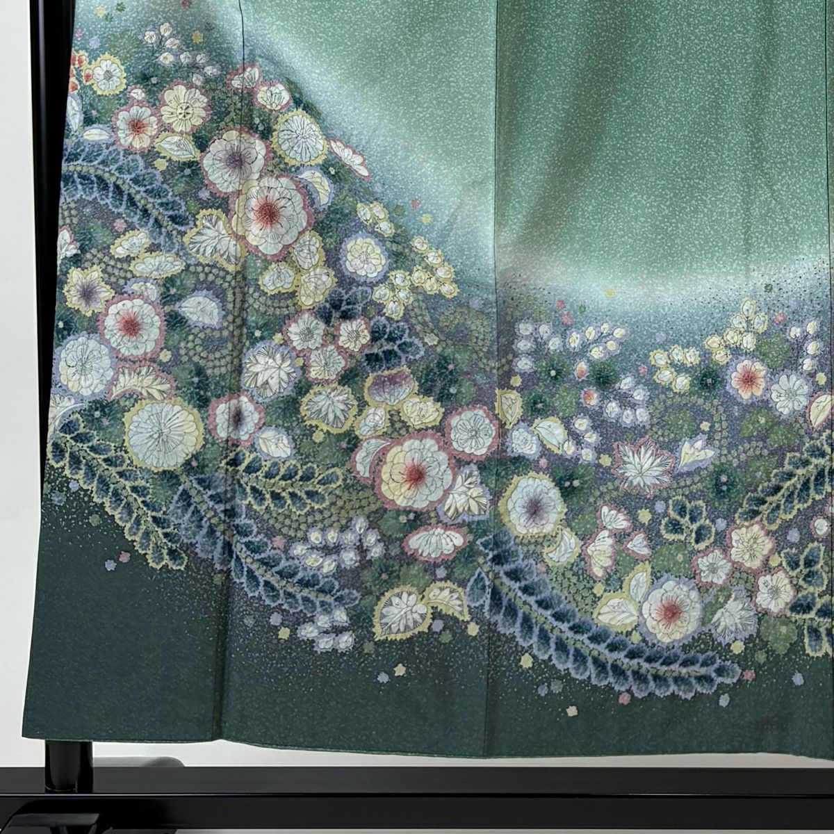 訪問服 身長155cm 袖長63cm S 雙層 紬織織 辻花染 漸層 綠 純蠶絲 名品級