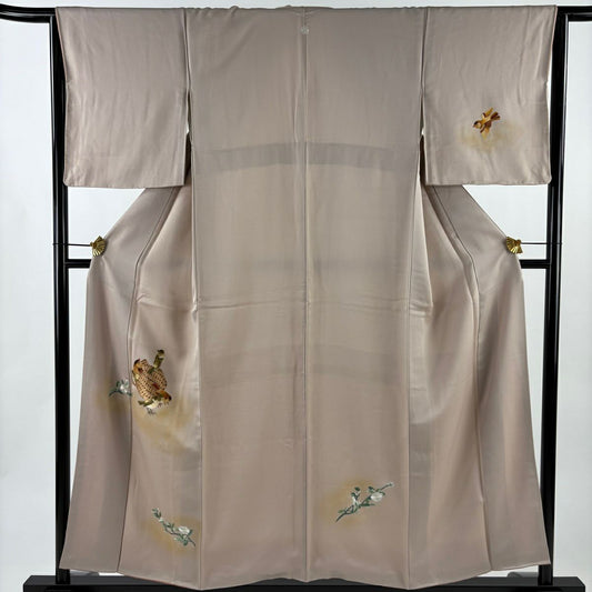 付下 身長154.5cm 袖長64.5cm M 雙層 鳥 草花紋刺繡 金彩裝飾 淺粉色 純蠶絲 名品級 一個紋