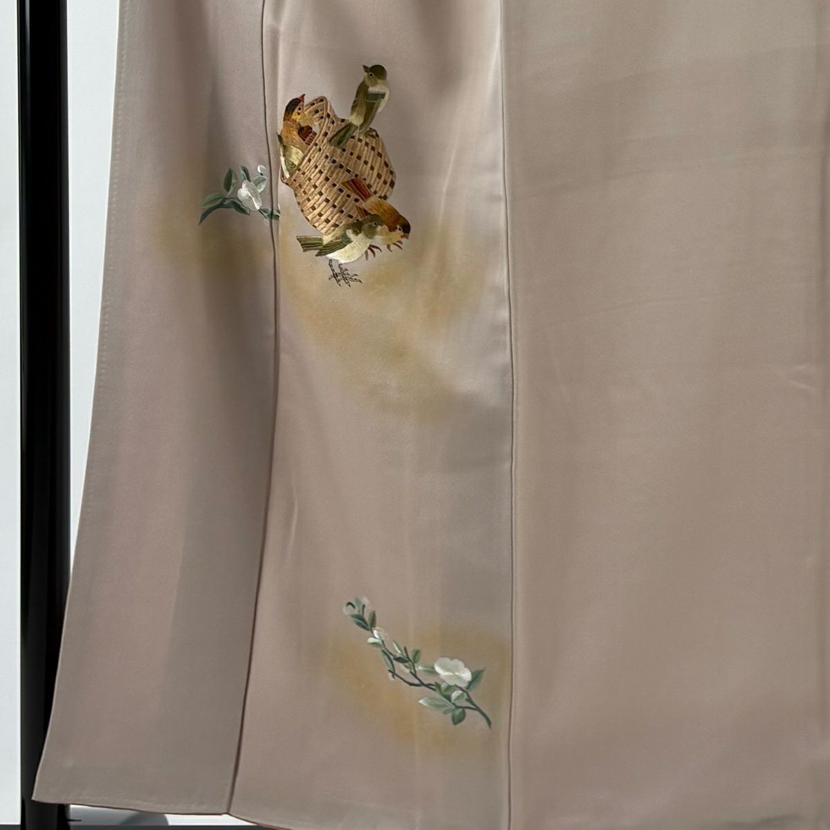 付下 身長154.5cm 袖長64.5cm M 雙層 鳥 草花紋刺繡 金彩裝飾 淺粉色 純蠶絲 名品級 一個紋