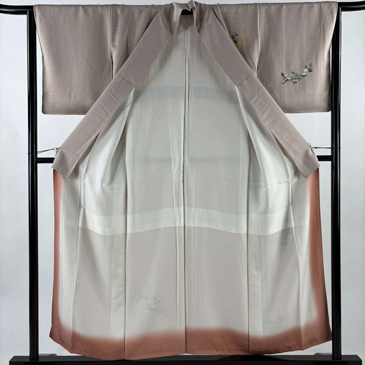付下 身長154.5cm 袖長64.5cm M 雙層 鳥 草花紋刺繡 金彩裝飾 淺粉色 純蠶絲 名品級 一個紋