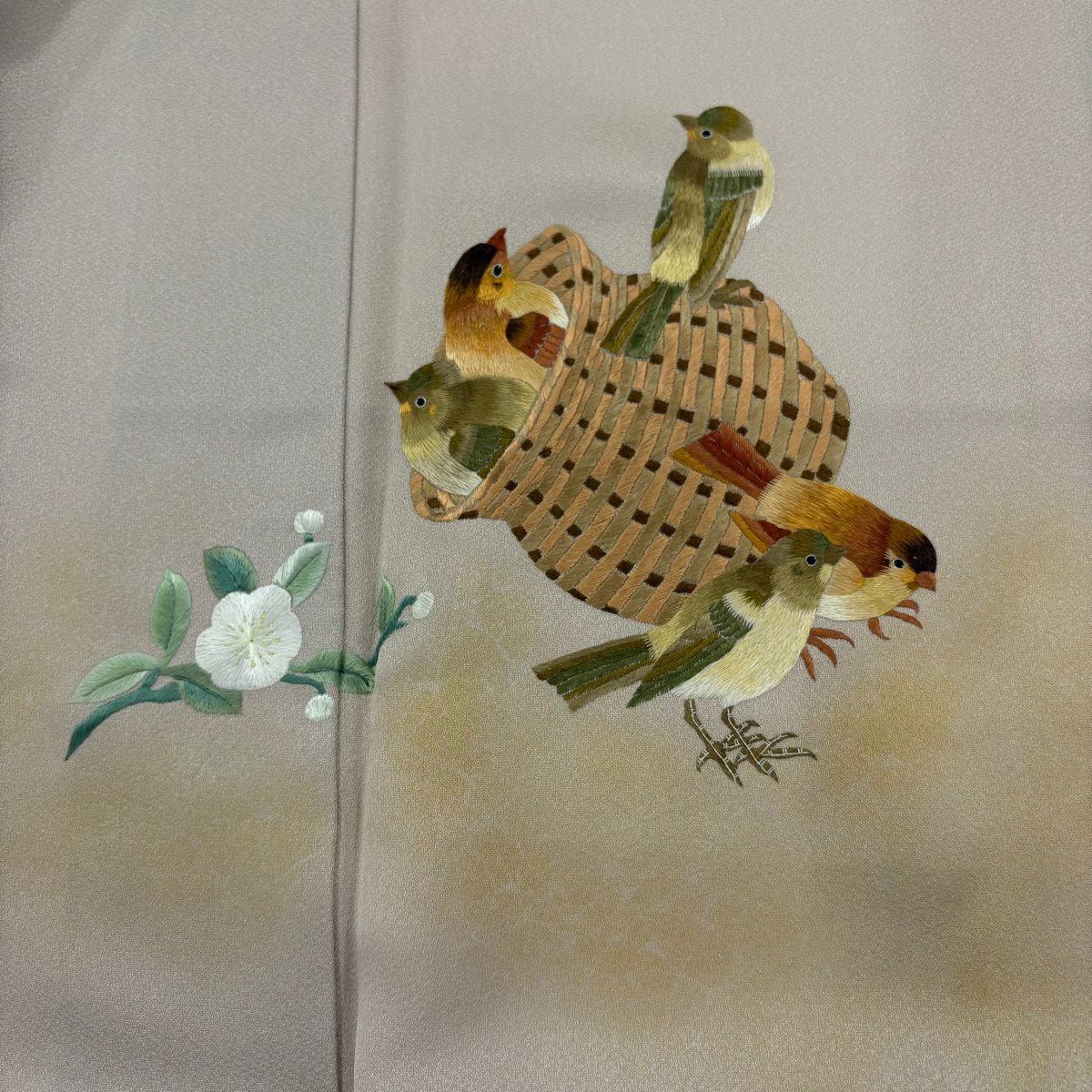 付下 身長154.5cm 袖長64.5cm M 雙層 鳥 草花紋刺繡 金彩裝飾 淺粉色 純蠶絲 名品級 一個紋