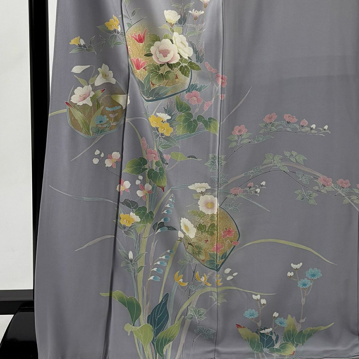 訪問服 身長171cm 袖長68cm L 雙層 落款あり 草花紋紋 金彩裝飾 淡紫 純蠶絲 名品級