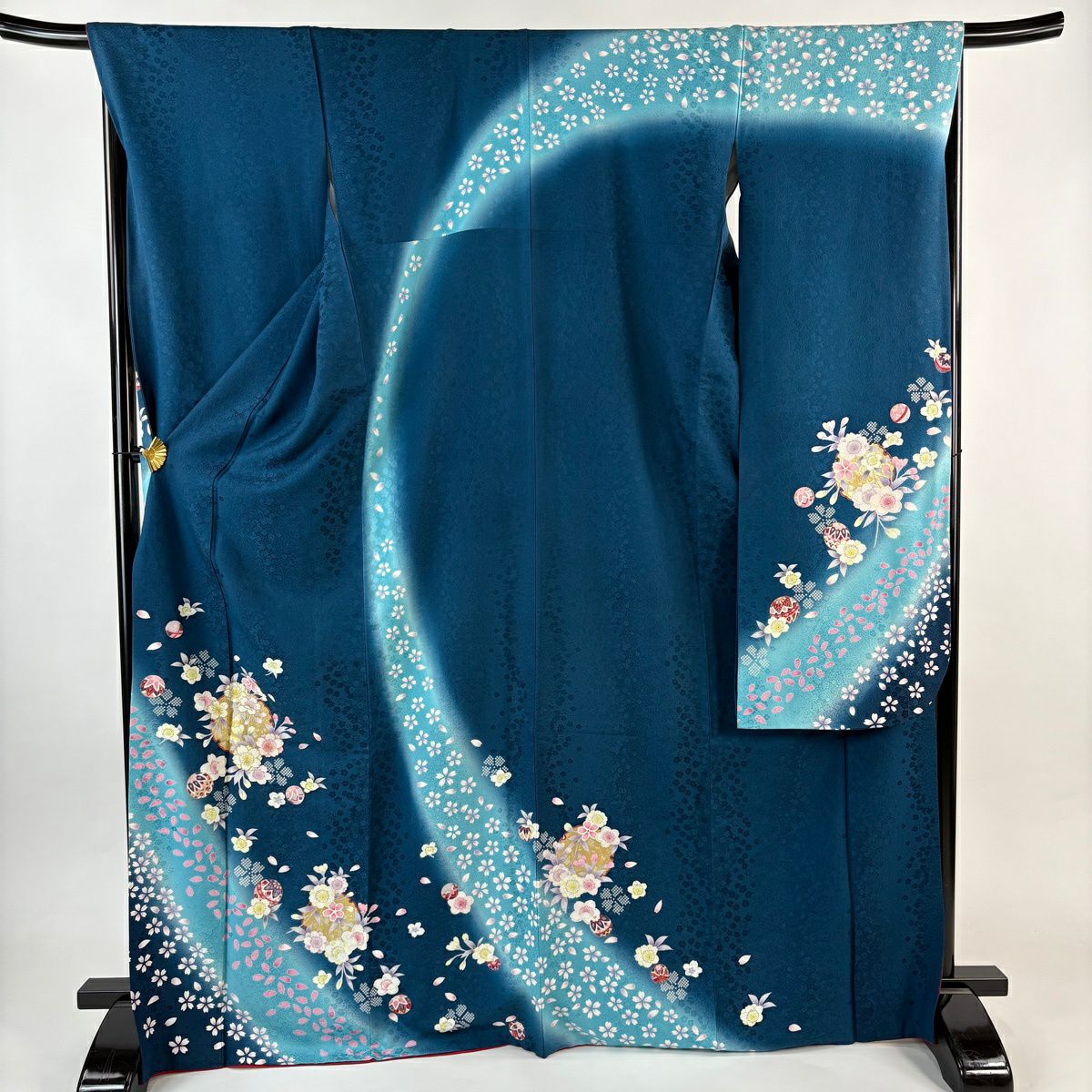 振袖禮服 身長172cm 袖長68cm L 雙層 雪輪 櫻花 金銀彩 漸層 青綠 純蠶絲 名品級