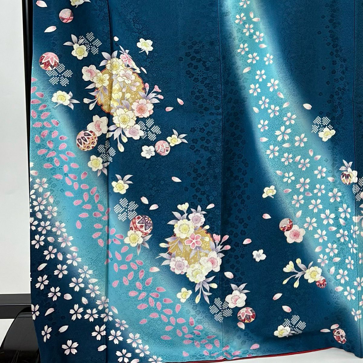 振袖禮服 身長172cm 袖長68cm L 雙層 雪輪 櫻花 金銀彩 漸層 青綠 純蠶絲 名品級