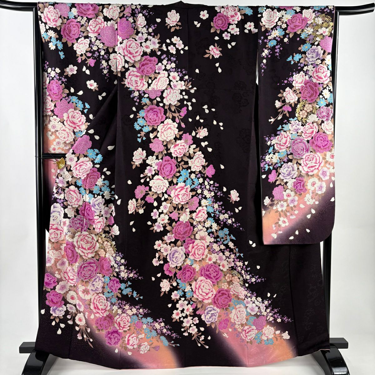 振袖禮服 身長164cm 袖長65cm M 雙層 薔薇 草花紋刺繡 金銀彩 茶紫 純蠶絲 名品級