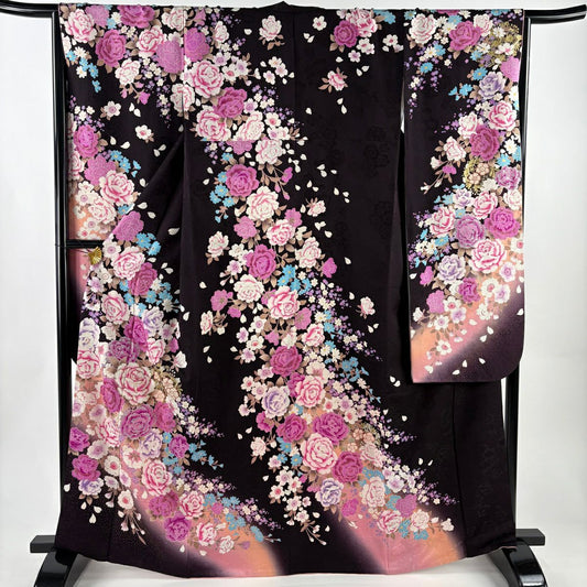 振袖禮服 身長164cm 袖長65cm M 雙層 薔薇 草花紋刺繡 金銀彩 茶紫 純蠶絲 名品級
