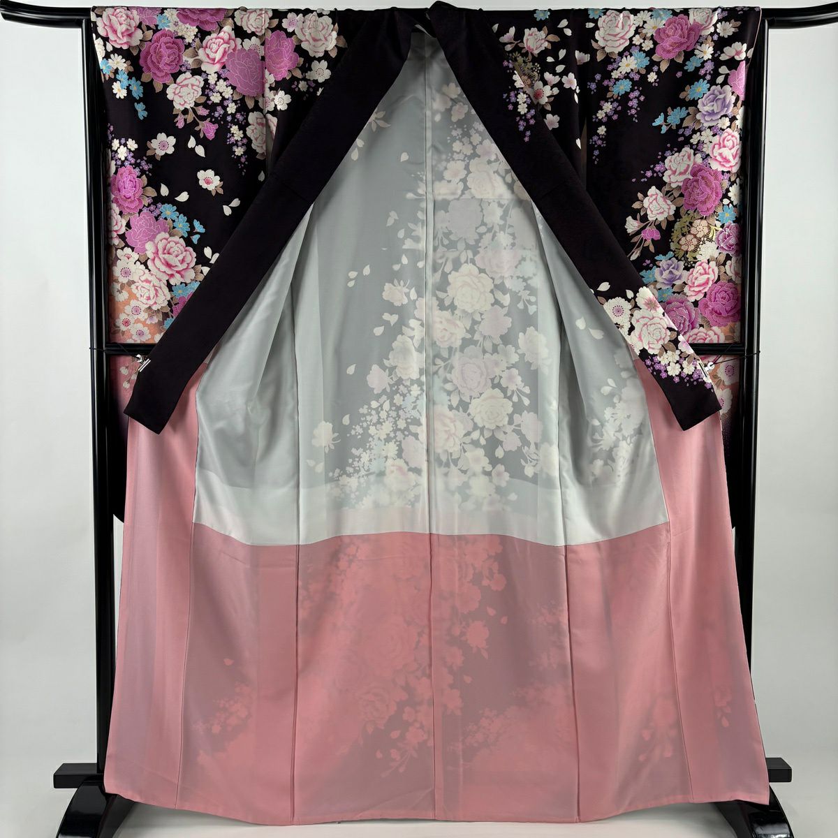 振袖禮服 身長164cm 袖長65cm M 雙層 薔薇 草花紋刺繡 金銀彩 茶紫 純蠶絲 名品級