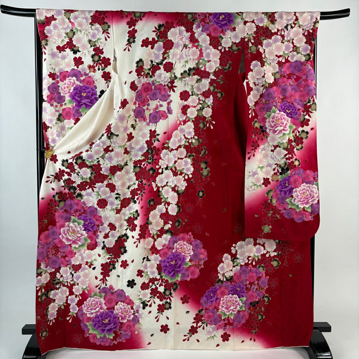 振袖禮服 身長170cm 袖長67cm M 雙層 牡丹 櫻花 刺繡 金銀彩 奶油色 純蠶絲 名品級