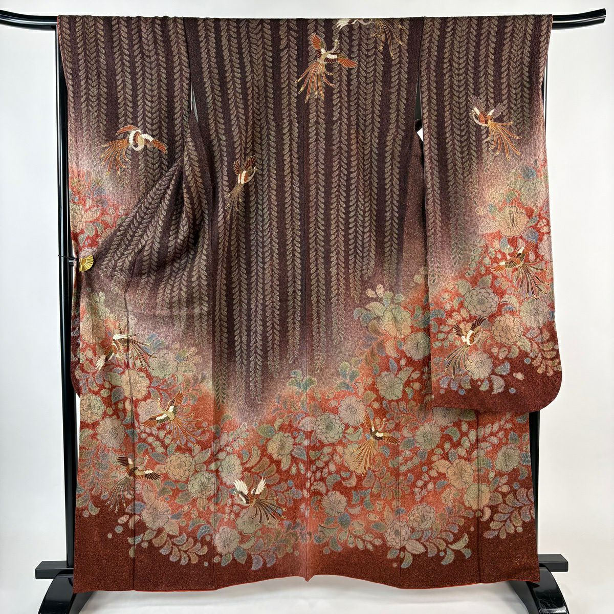 【美品】振袖禮服 身長162.5cm 袖長67.5cm L 雙層 尾長鳥 草花紋 金通 金糸 紅茶 純蠶絲 名品級