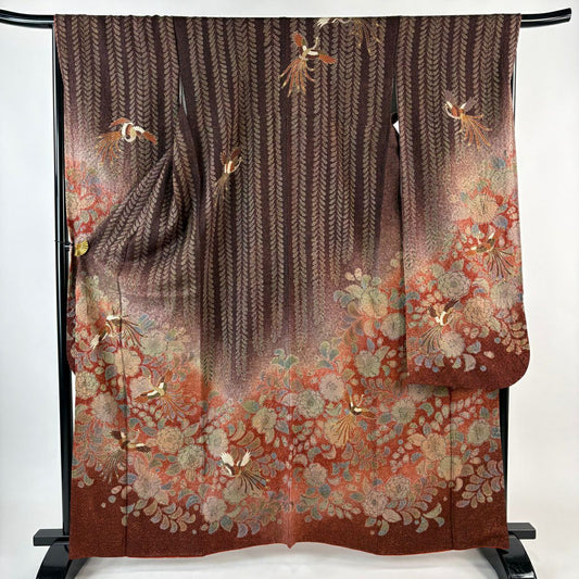 【美品】振袖禮服 身長162.5cm 袖長67.5cm L 雙層 尾長鳥 草花紋 金通 金糸 紅茶 純蠶絲 名品級