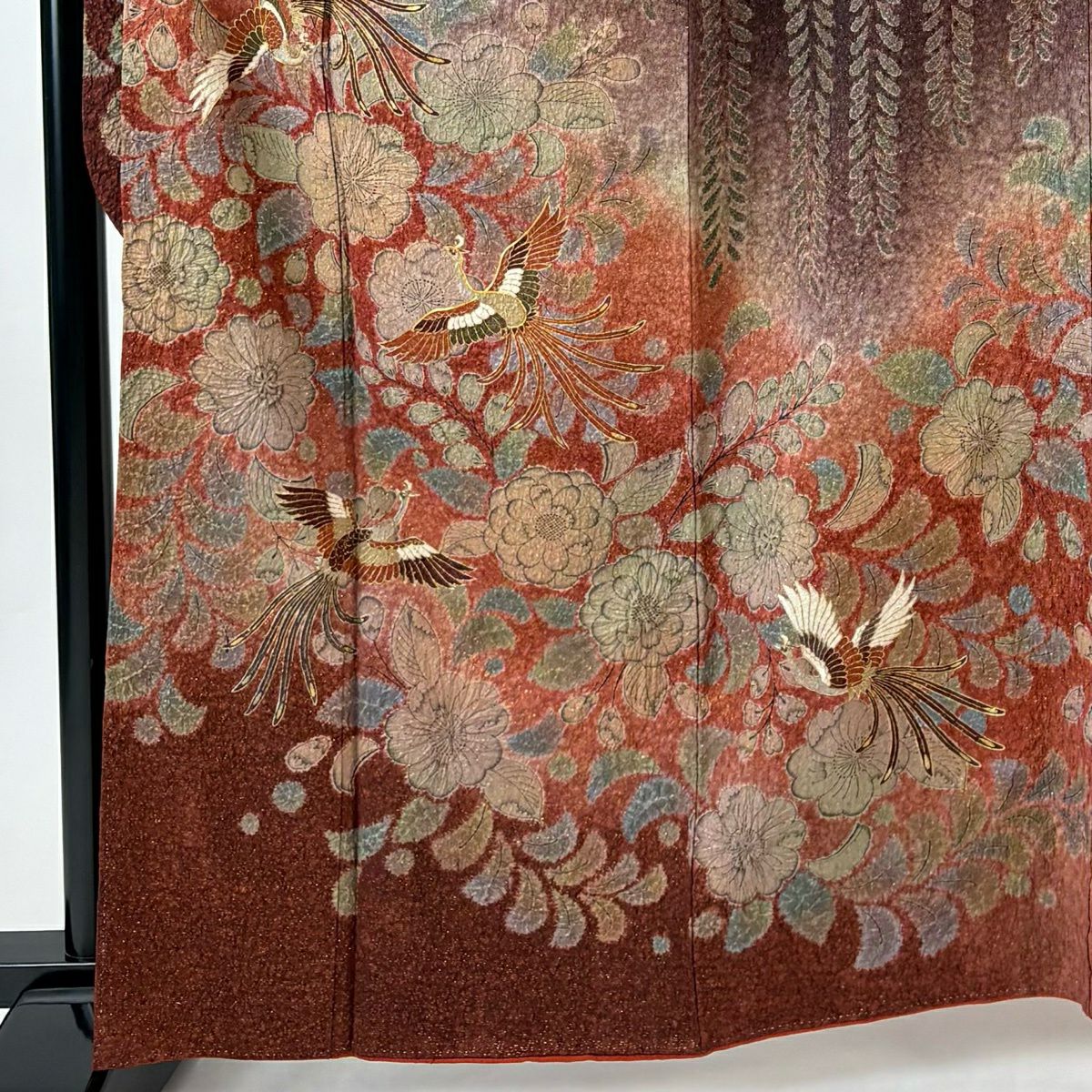 【美品】振袖禮服 身長162.5cm 袖長67.5cm L 雙層 尾長鳥 草花紋 金通 金糸 紅茶 純蠶絲 名品級