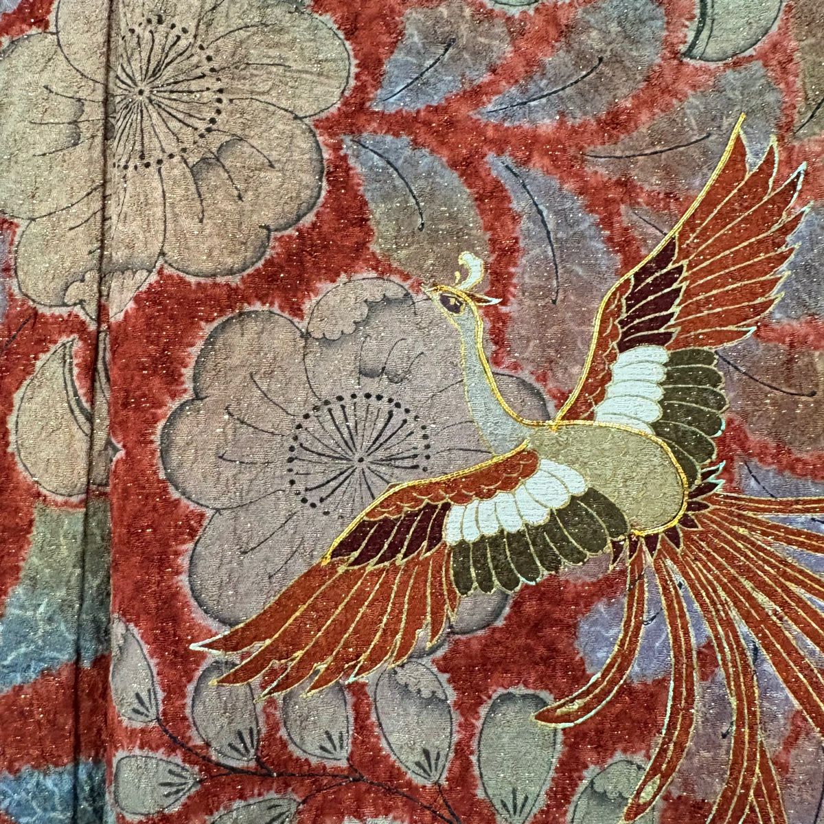 【美品】振袖禮服 身長162.5cm 袖長67.5cm L 雙層 尾長鳥 草花紋 金通 金糸 紅茶 純蠶絲 名品級