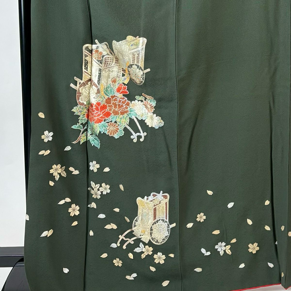 振袖禮服 身長168cm 袖長68cm L 雙層 御所車 櫻花 金銀彩 深綠 純蠶絲 名品級