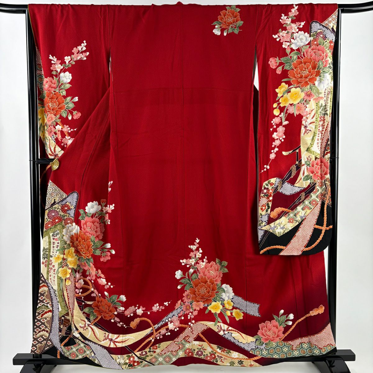 振袖禮服 身長159cm 袖長66cm M 雙層 牡丹 御所車 金絲 金銀彩 紅 純蠶絲 名品級