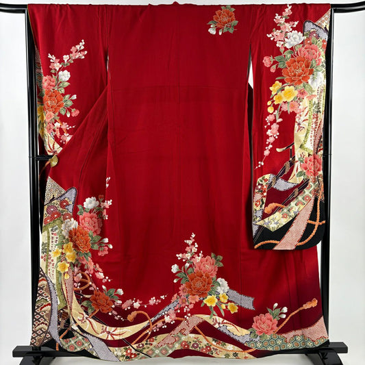 振袖禮服 身長159cm 袖長66cm M 雙層 牡丹 御所車 金絲 金銀彩 紅 純蠶絲 名品級