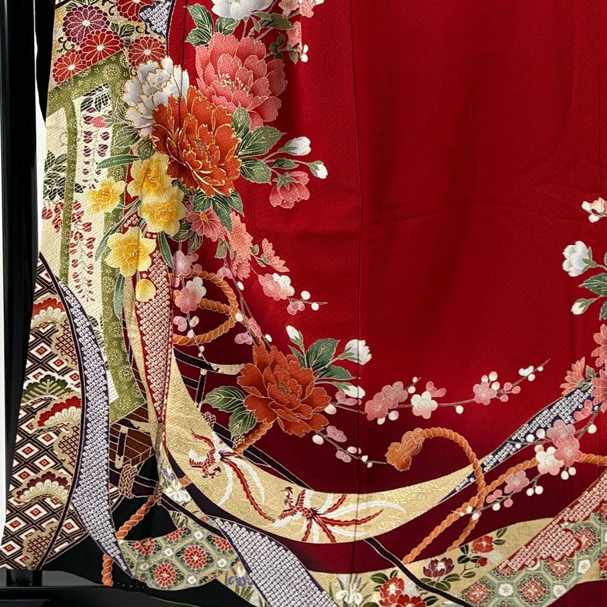 振袖禮服 身長159cm 袖長66cm M 雙層 牡丹 御所車 金絲 金銀彩 紅 純蠶絲 名品級