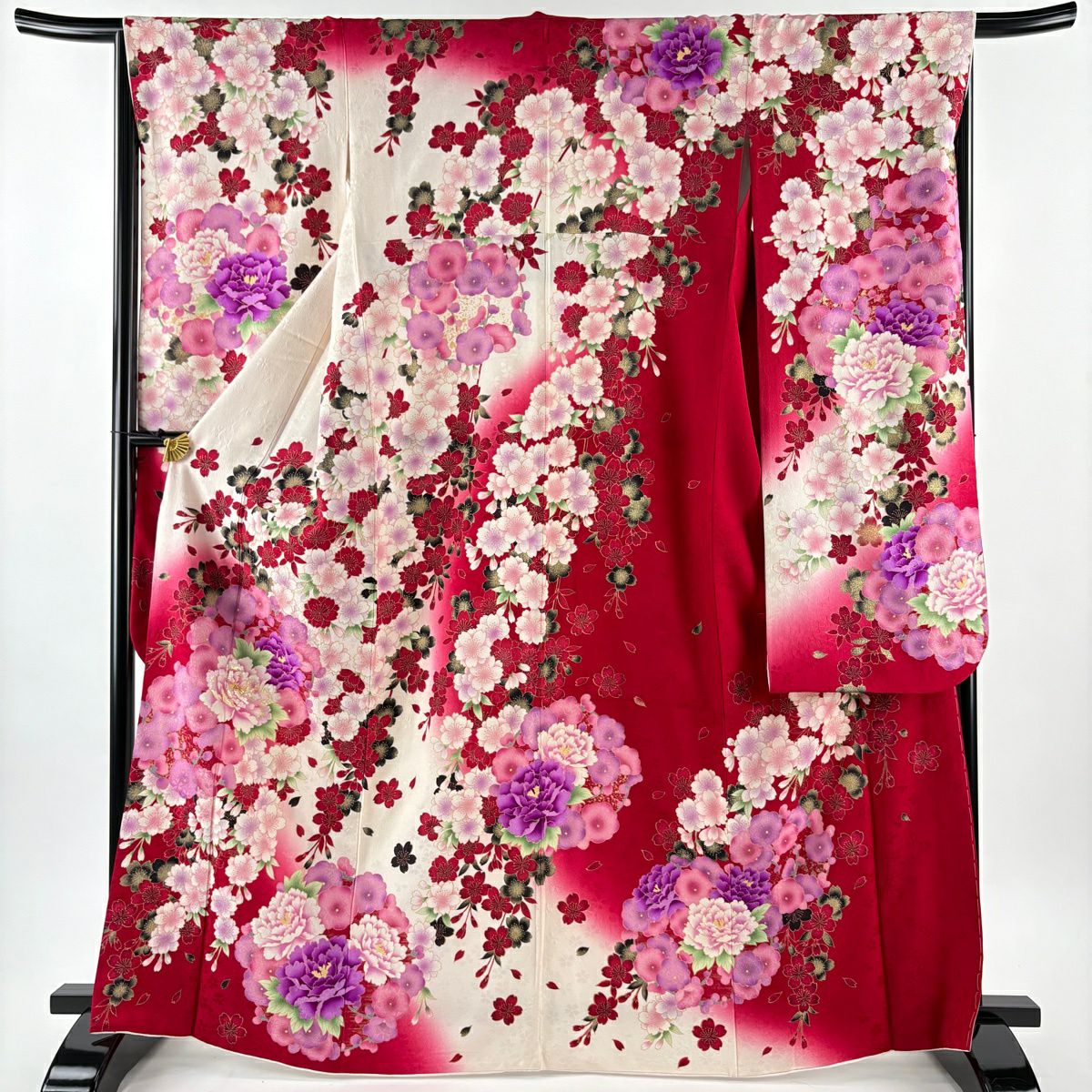 【美品】振袖禮服 身長166cm 袖長66cm M 雙層 牡丹 櫻花 刺繡 金銀彩 紅 純蠶絲 名品級