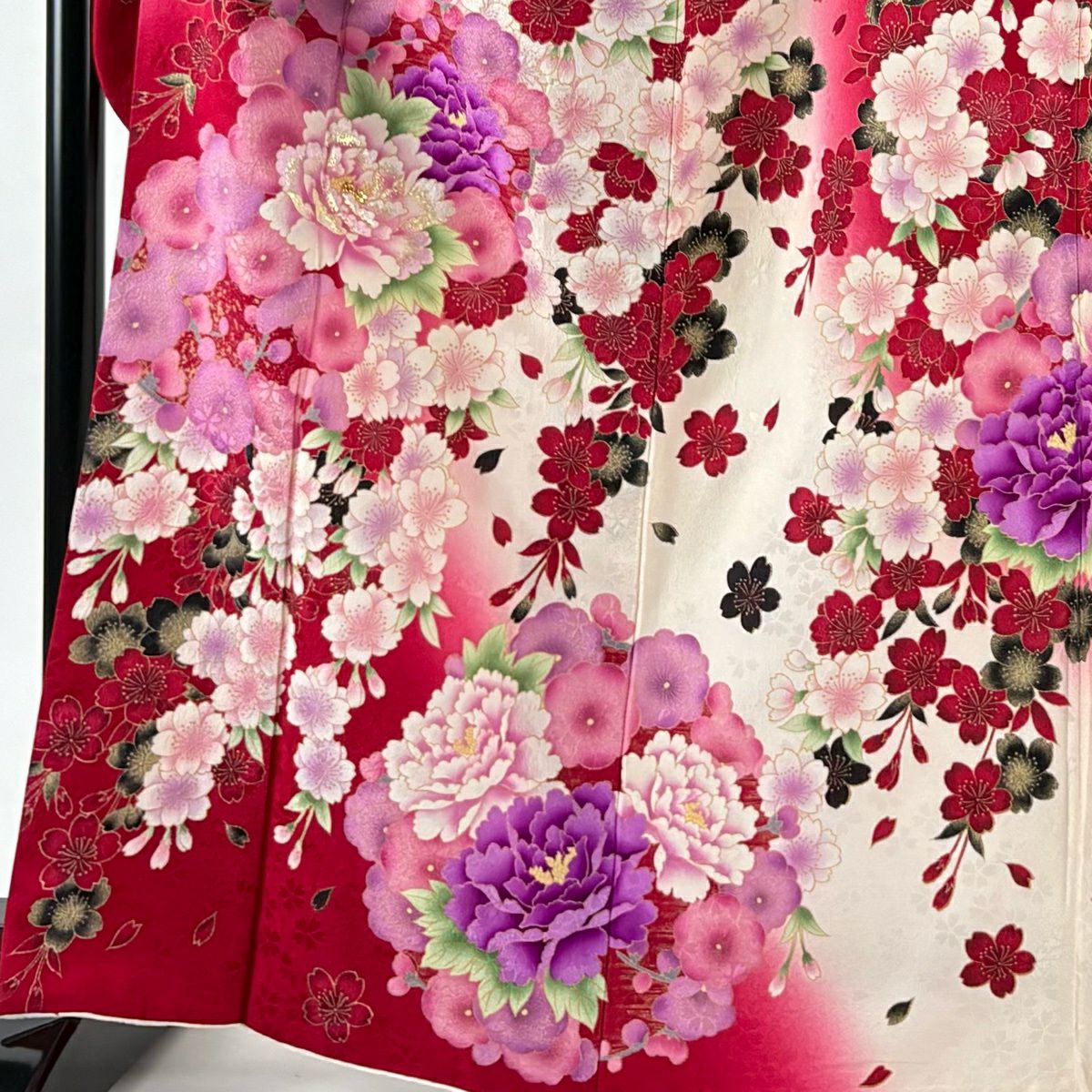 【美品】振袖禮服 身長166cm 袖長66cm M 雙層 牡丹 櫻花 刺繡 金銀彩 紅 純蠶絲 名品級