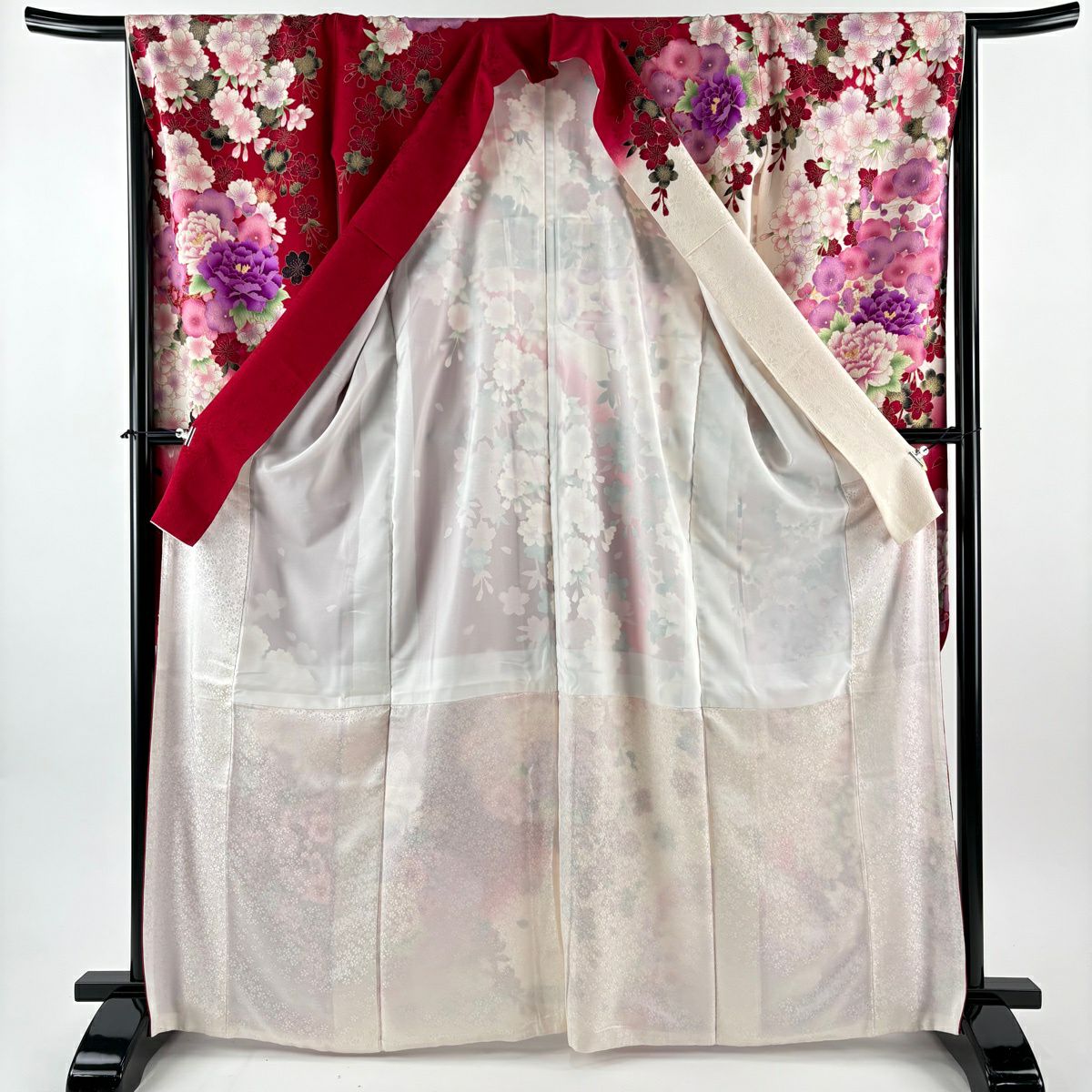 【美品】振袖禮服 身長166cm 袖長66cm M 雙層 牡丹 櫻花 刺繡 金銀彩 紅 純蠶絲 名品級