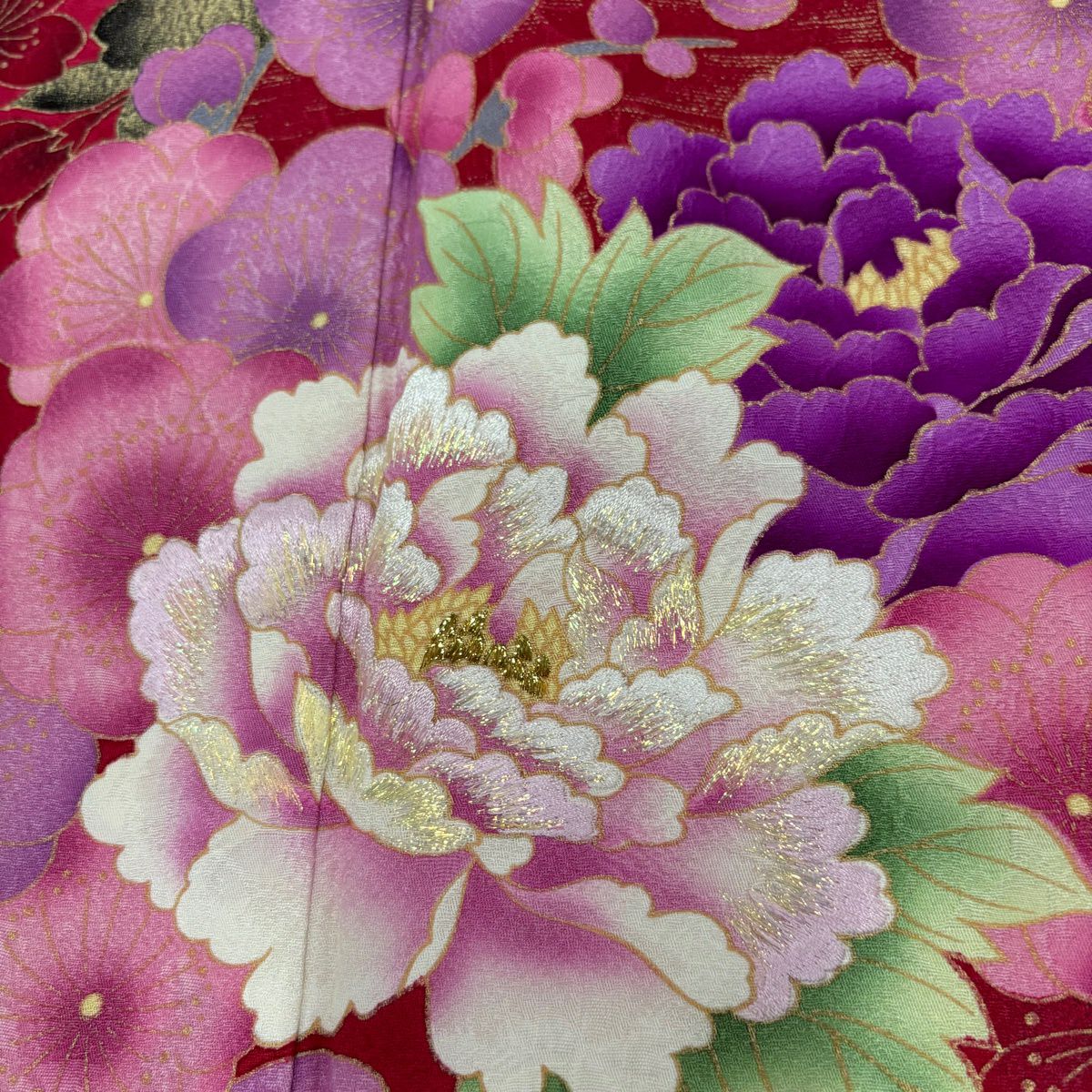 【美品】振袖禮服 身長166cm 袖長66cm M 雙層 牡丹 櫻花 刺繡 金銀彩 紅 純蠶絲 名品級