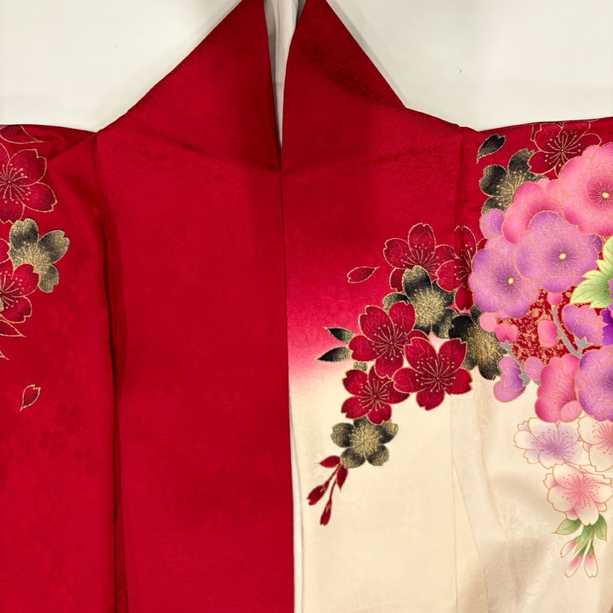 【美品】振袖禮服 身長166cm 袖長66cm M 雙層 牡丹 櫻花 刺繡 金銀彩 紅 純蠶絲 名品級