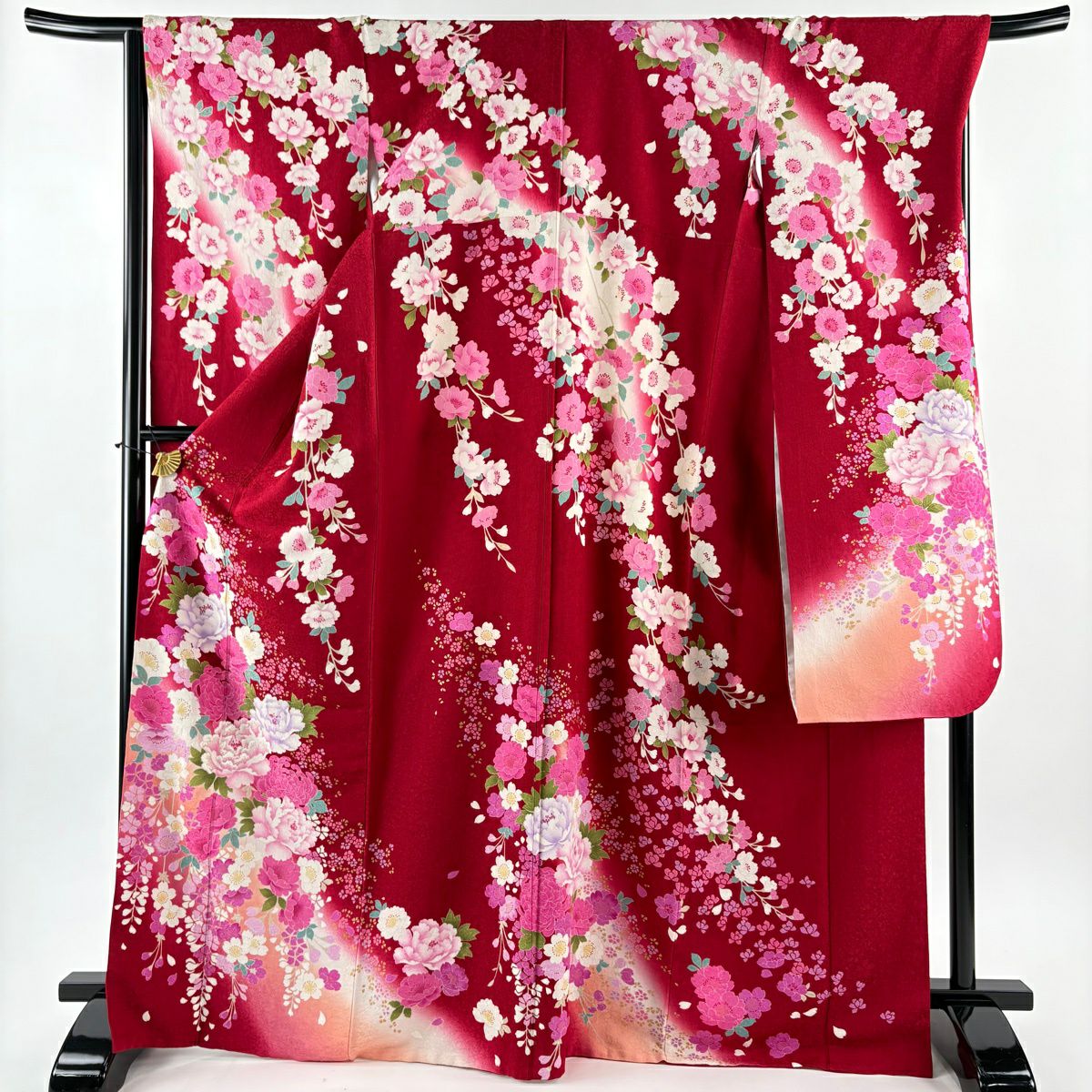 【美品】振袖禮服 身長169.5cm 袖長68cm L 雙層 牡丹 垂枝櫻 刺繡 金彩裝飾 紅 純蠶絲 名品級
