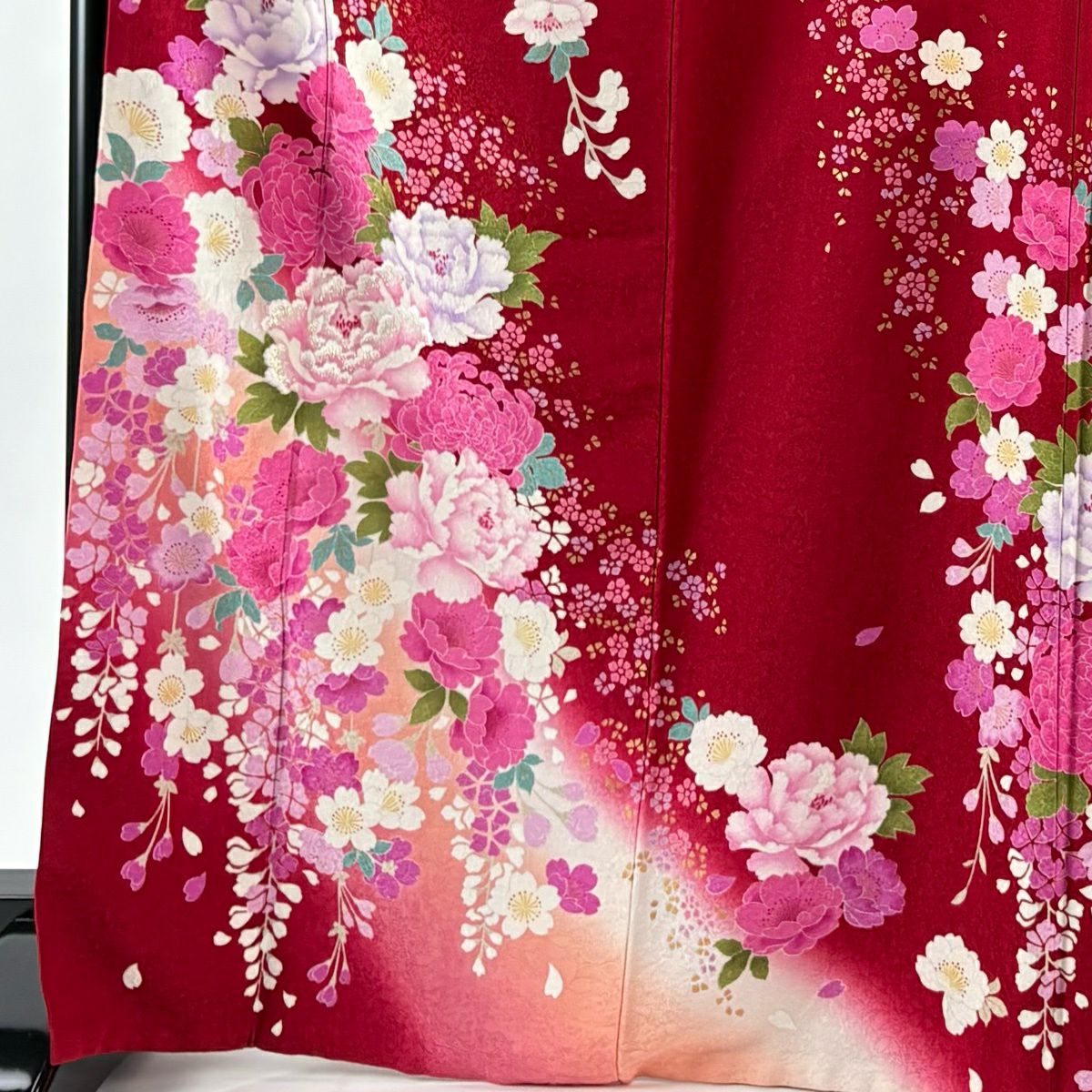 【美品】振袖禮服 身長169.5cm 袖長68cm L 雙層 牡丹 垂枝櫻 刺繡 金彩裝飾 紅 純蠶絲 名品級