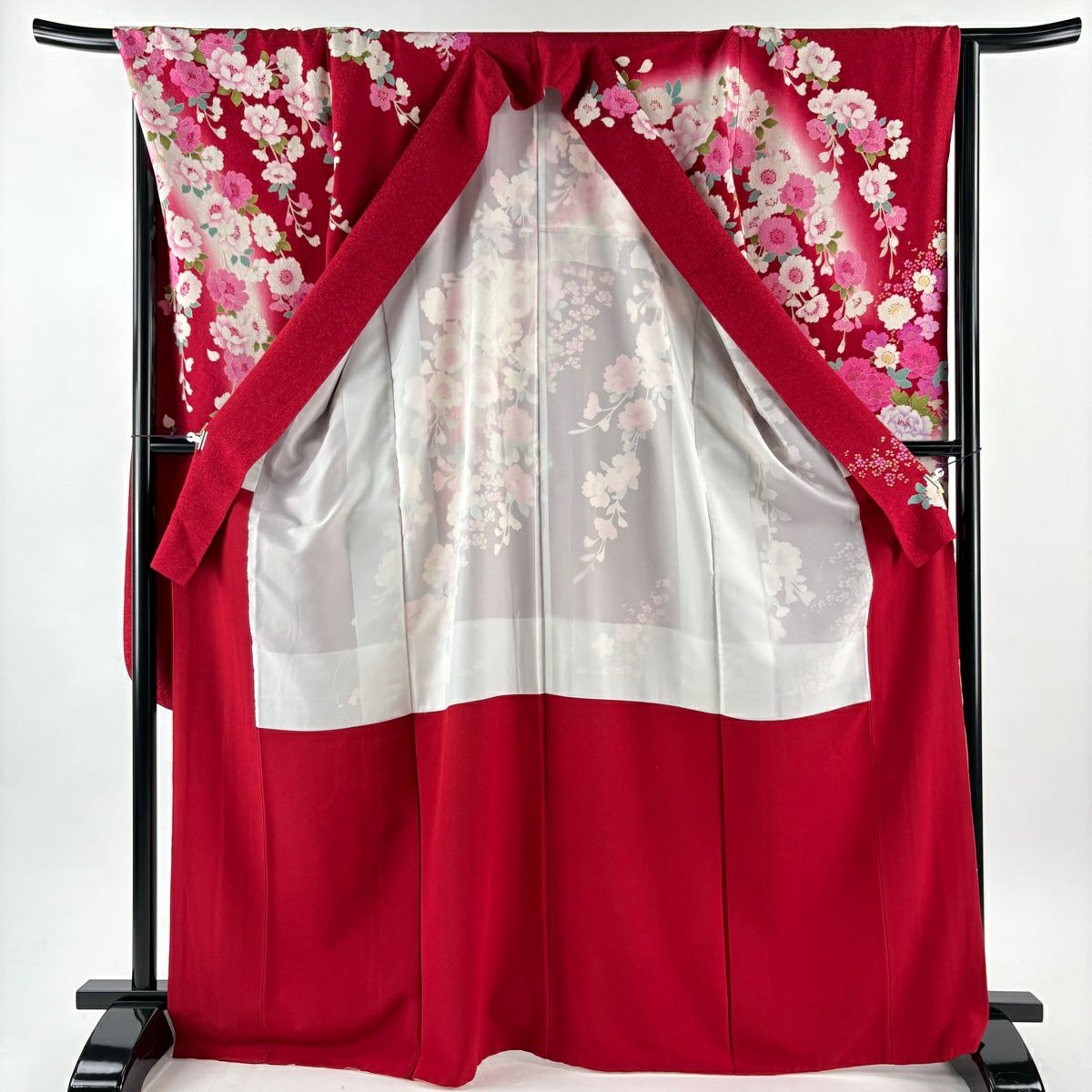 【美品】振袖禮服 身長169.5cm 袖長68cm L 雙層 牡丹 垂枝櫻 刺繡 金彩裝飾 紅 純蠶絲 名品級