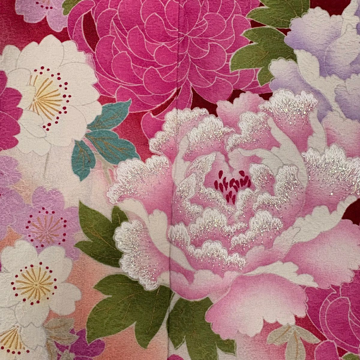 【美品】振袖禮服 身長169.5cm 袖長68cm L 雙層 牡丹 垂枝櫻 刺繡 金彩裝飾 紅 純蠶絲 名品級