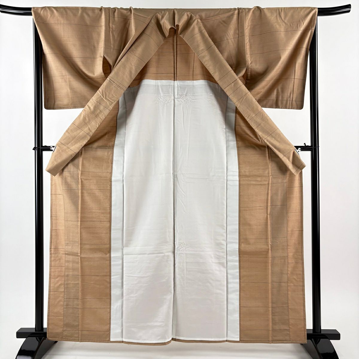 【美品】 紬織 身長164cm 袖長67.5cm M 單層 大和 條紋 淺茶 純蠶絲 名品級