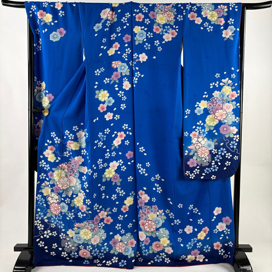 振袖禮服 身長168cm 袖長69cm L 雙層 雪輪 草花紋 金銀彩 藍 純蠶絲 名品級