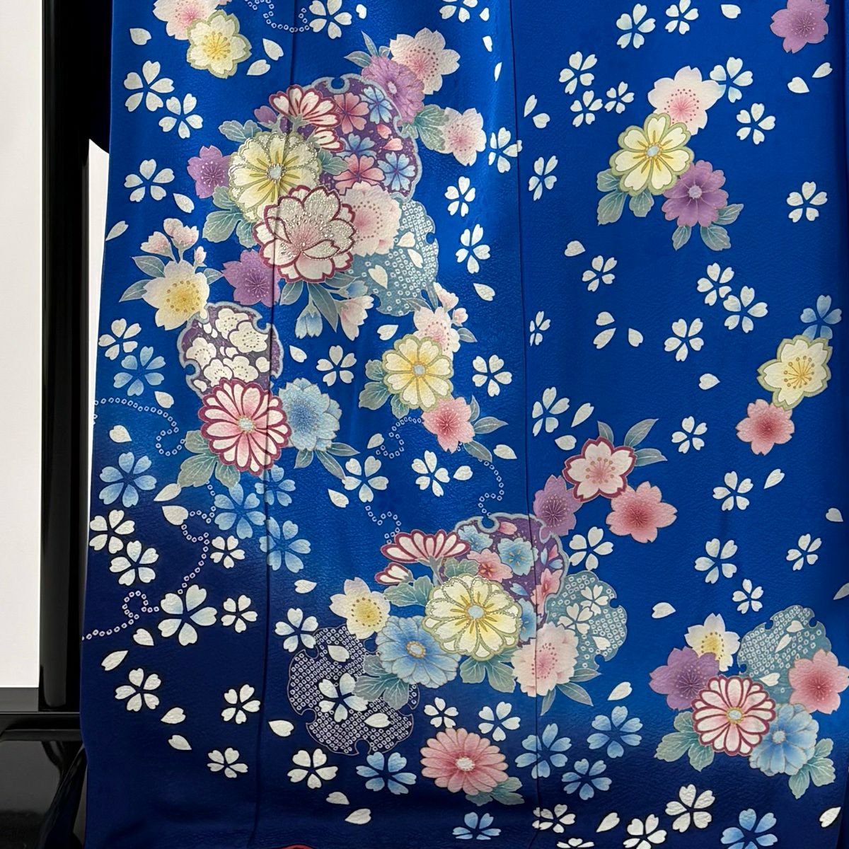 振袖禮服 身長168cm 袖長69cm L 雙層 雪輪 草花紋 金銀彩 藍 純蠶絲 名品級