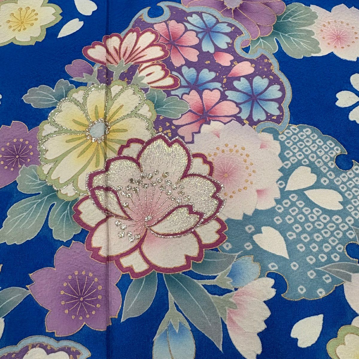 振袖禮服 身長168cm 袖長69cm L 雙層 雪輪 草花紋 金銀彩 藍 純蠶絲 名品級