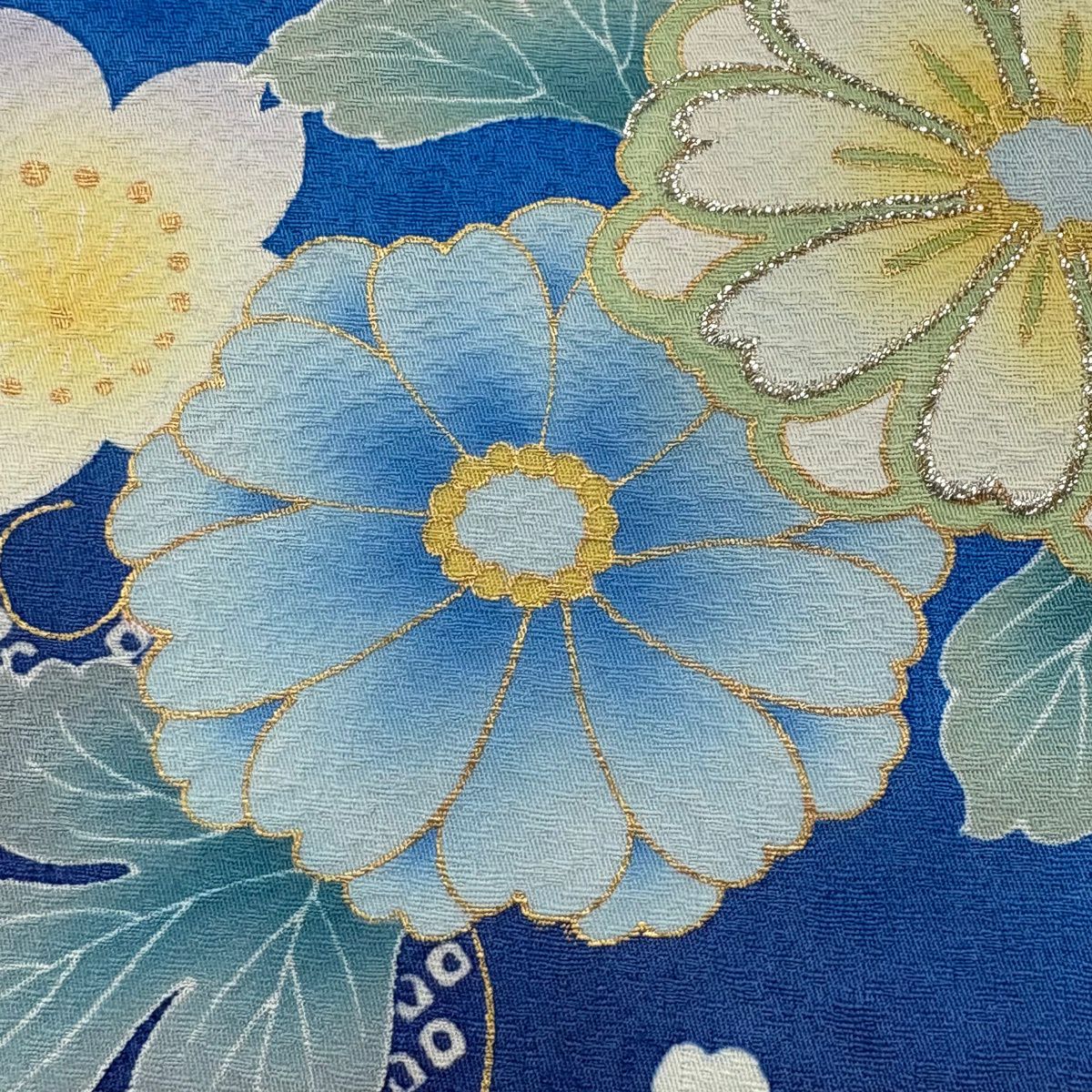 振袖禮服 身長168cm 袖長69cm L 雙層 雪輪 草花紋 金銀彩 藍 純蠶絲 名品級