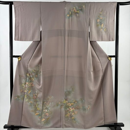 訪問服 身長159.5cm 袖長62.5cm S 雙層 鳥 草花紋刺繡 薄小豆 純蠶絲 名品級 一つ紋