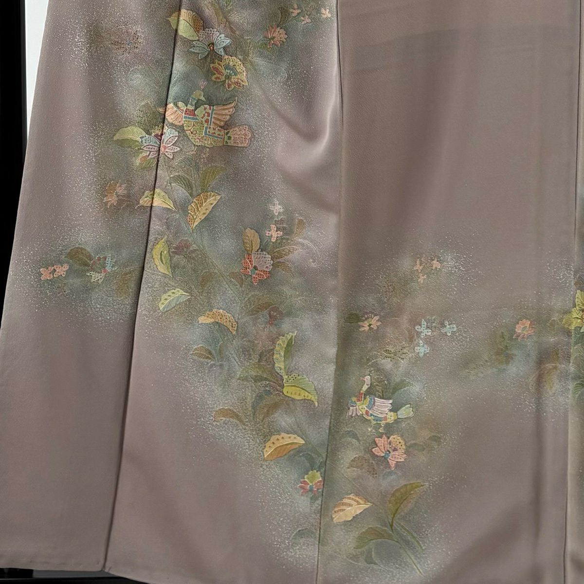 訪問服 身長159.5cm 袖長62.5cm S 雙層 鳥 草花紋刺繡 薄小豆 純蠶絲 名品級 一つ紋