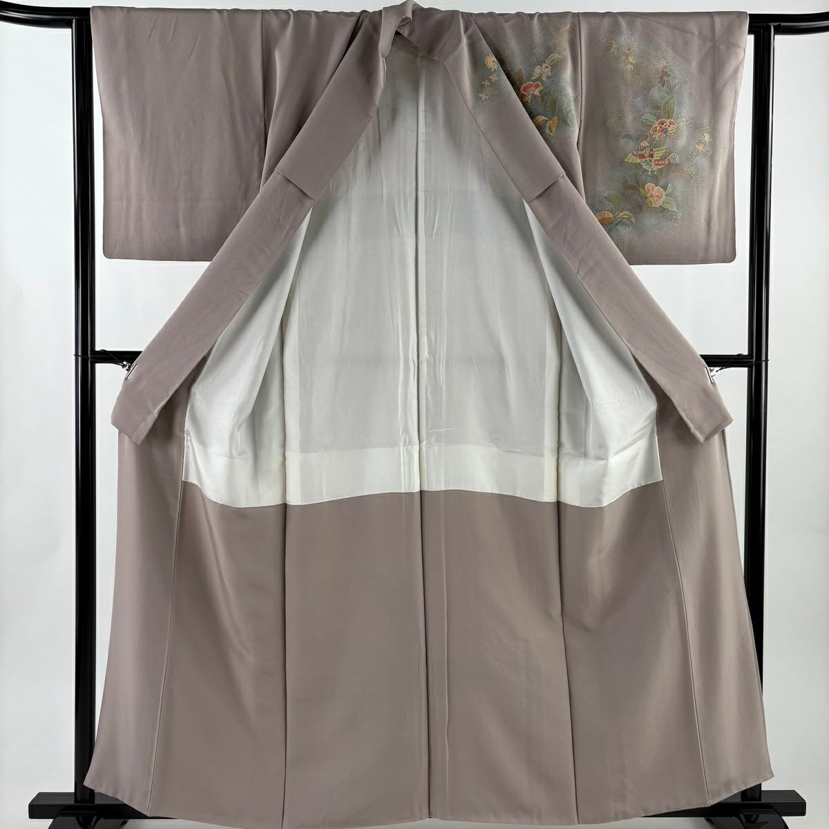 訪問服 身長159.5cm 袖長62.5cm S 雙層 鳥 草花紋刺繡 薄小豆 純蠶絲 名品級 一つ紋
