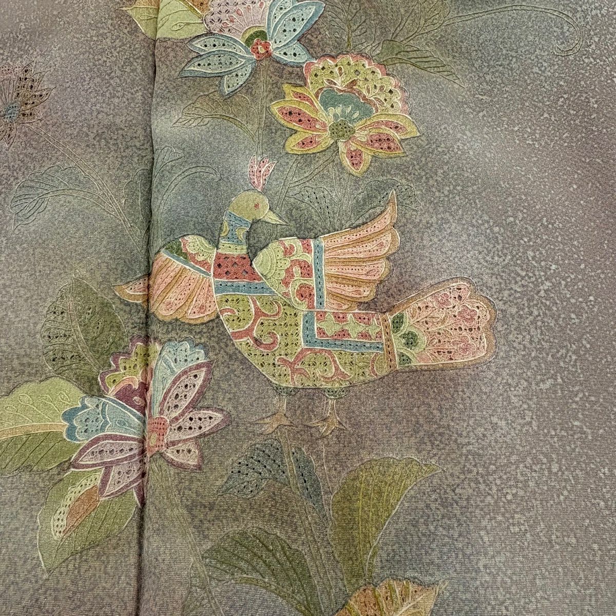 訪問服 身長159.5cm 袖長62.5cm S 雙層 鳥 草花紋刺繡 薄小豆 純蠶絲 名品級 一つ紋