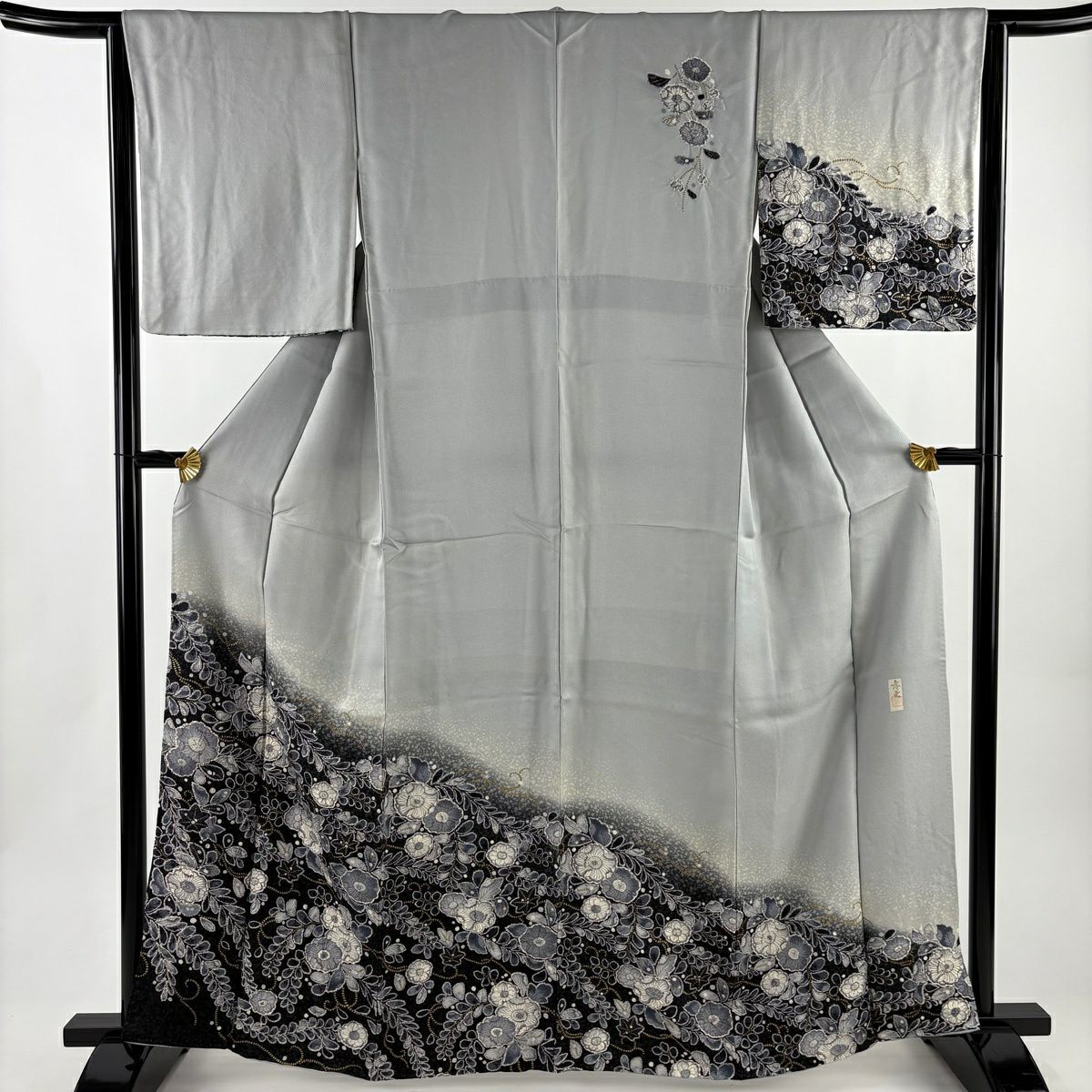 訪問服 身長163cm 袖長64.5cm M 雙層 落款あり 辻花染 金銀彩 灰 純蠶絲 名品級