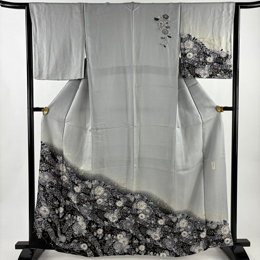訪問服 身長163cm 袖長64.5cm M 雙層 落款あり 辻花染 金銀彩 灰 純蠶絲 名品級