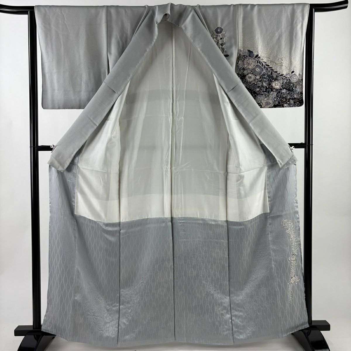 訪問服 身長163cm 袖長64.5cm M 雙層 落款あり 辻花染 金銀彩 灰 純蠶絲 名品級