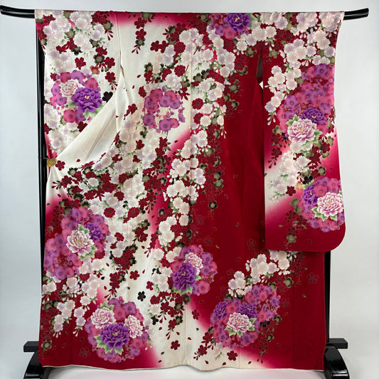 振袖禮服 身長168cm 袖長69cm L 雙層 牡丹 櫻花 刺繡 金金箔 紅 純蠶絲 名品級