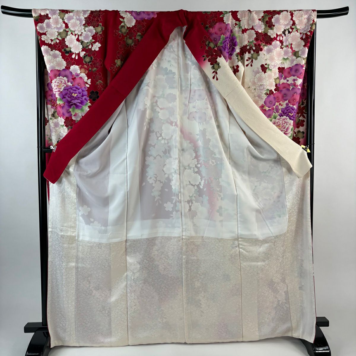 振袖禮服 身長168cm 袖長69cm L 雙層 牡丹 櫻花 刺繡 金金箔 紅 純蠶絲 名品級