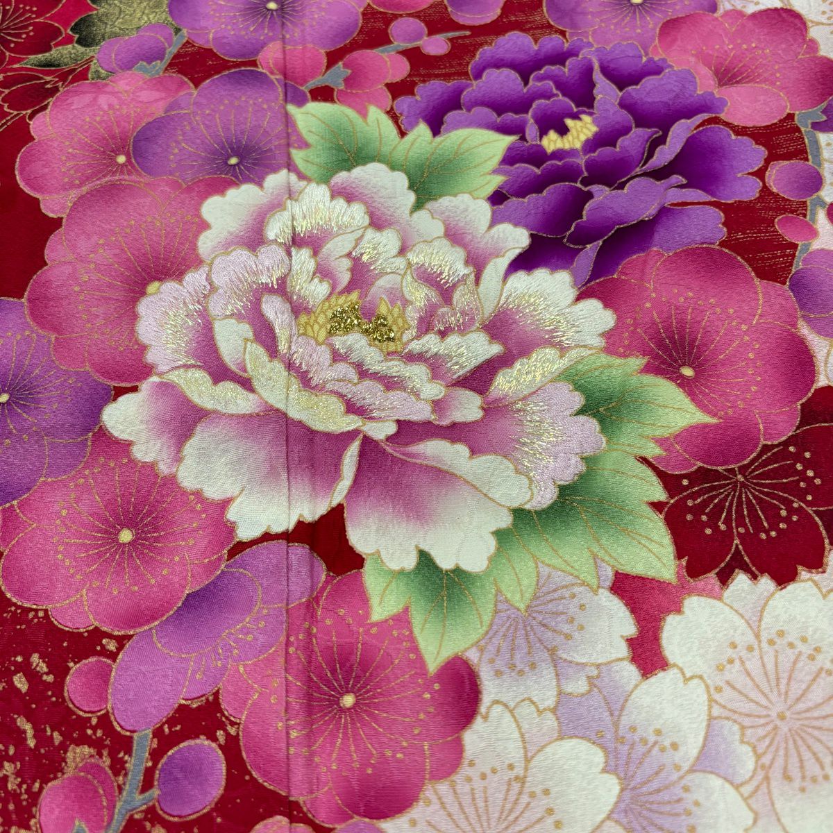 振袖禮服 身長168cm 袖長69cm L 雙層 牡丹 櫻花 刺繡 金金箔 紅 純蠶絲 名品級