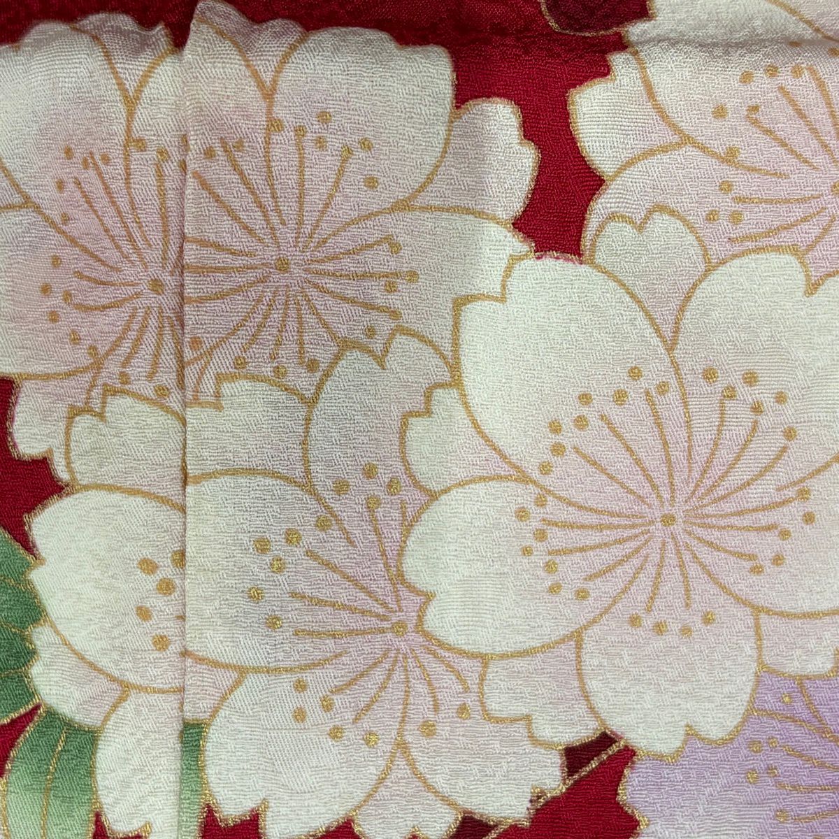 振袖禮服 身長168cm 袖長69cm L 雙層 牡丹 櫻花 刺繡 金金箔 紅 純蠶絲 名品級