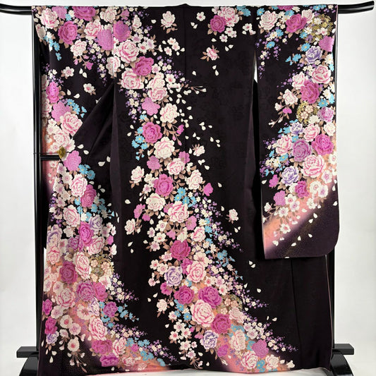 振袖禮服 身長168cm 袖長68.5cm L 雙層 薔薇 櫻花 刺繡 金銀彩 墨 純蠶絲 名品級